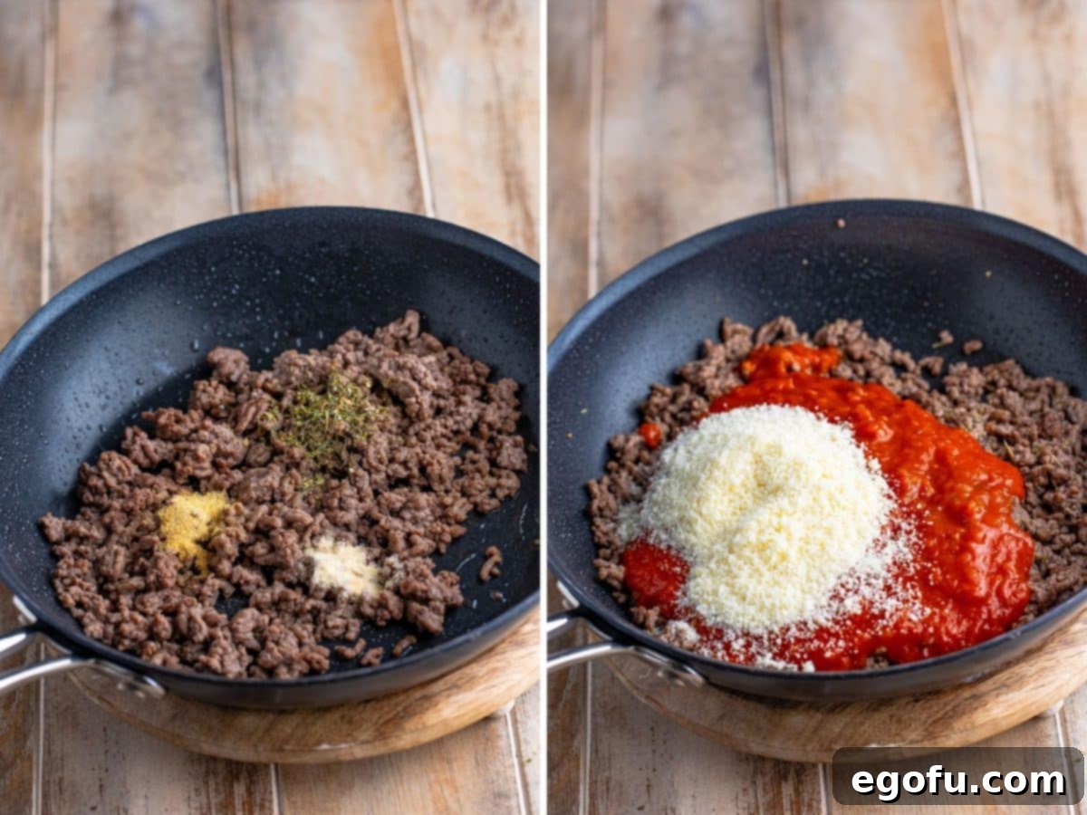 A skillet with ground beef, Italian seasoning, garlic powder, onion powder, and parmesan cheese and a separate skillet with spaghetti sauce, illustrating the seasoning and sauce incorporation.