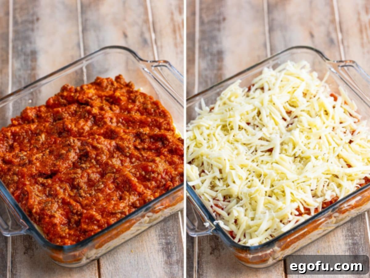 Spaghetti and meat sauce in a dish, followed by the dish with sauce, pasta, and a generous sprinkle of shredded cheese, ready for baking.