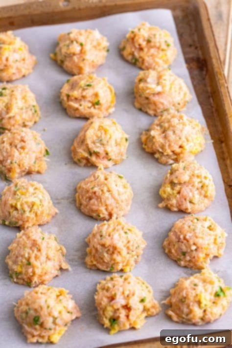 Zesty Piccata Chicken Bites 16 Raw meatballs on a lined baking sheet.