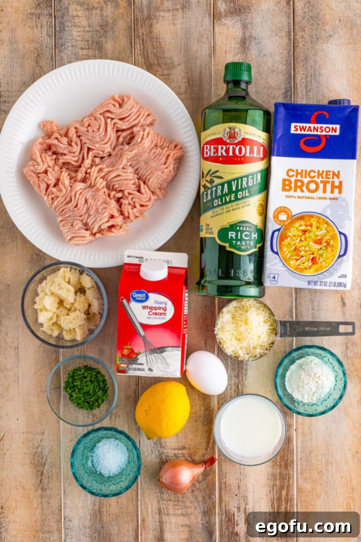 Zesty Piccata Chicken Bites 5 Ground chicken, lemon zest and juice, olive oil, low sodium chicken broth, kosher salt, shallots, soft white bread, milk, grated parmesan cheese, Italian parsley, all purpose flour, and heavy cream.