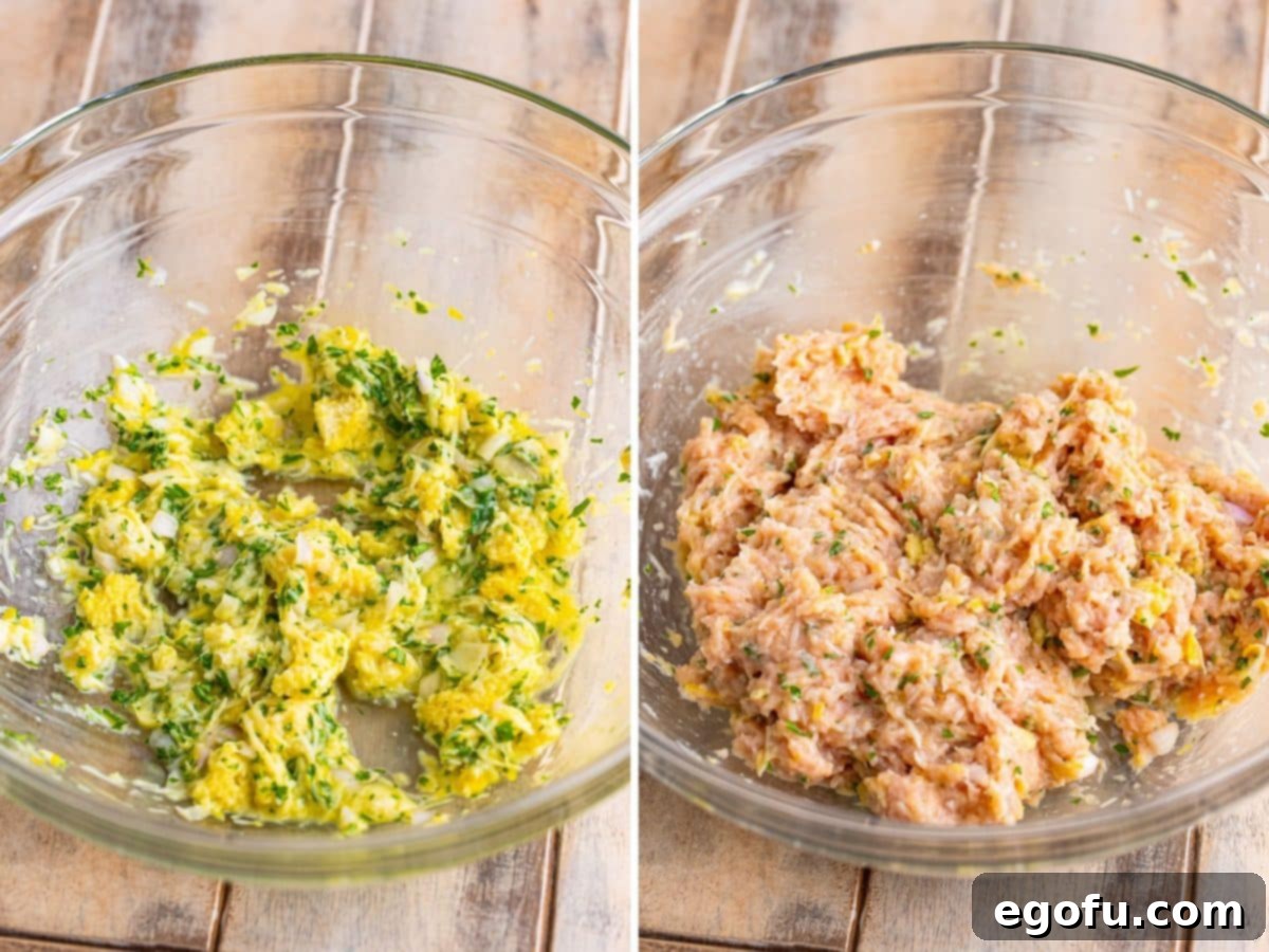 Zesty Piccata Chicken Bites 6 A mixing bowl with torn white bread, milk, parmesan cheese, egg, shallot, lemon zest, salt, and parsley and a bowl with Chicken Piccata Meatballs mixture.
