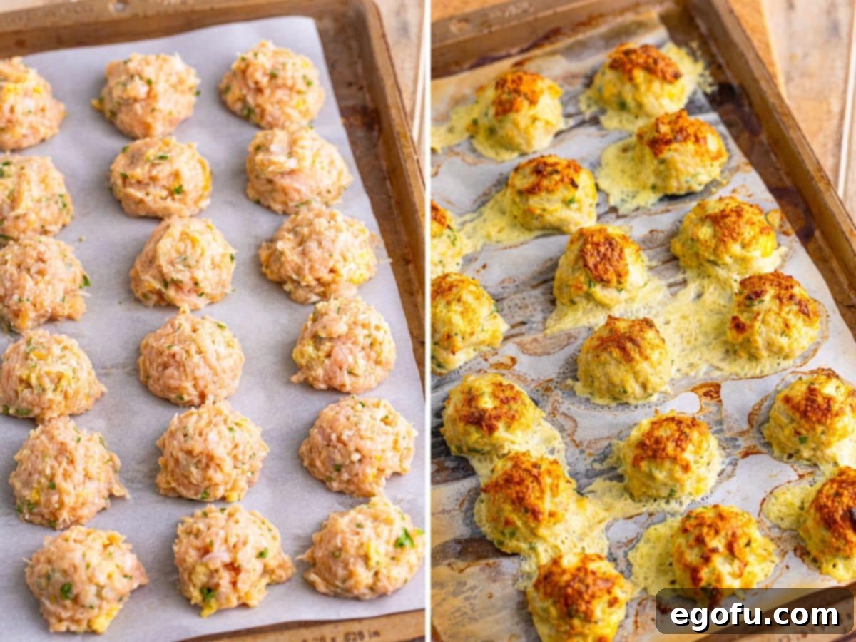 Zesty Piccata Chicken Bites 7 Raw Chicken Piccata Meatballs on a parchment lined baking sheet and a baking sheet with baked meatballs.
