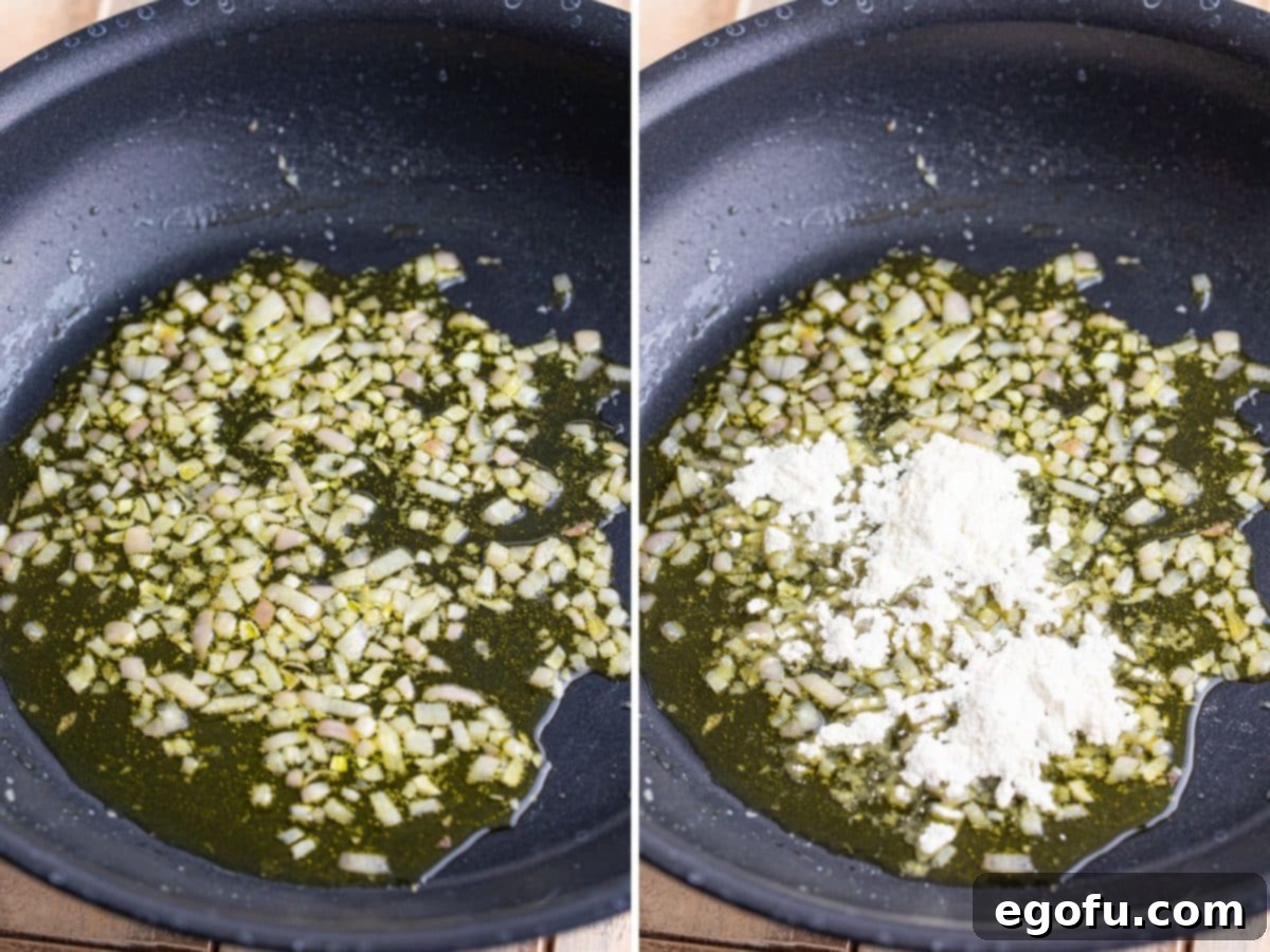 Zesty Piccata Chicken Bites 8 A skillet with shallots and flour and shallots.