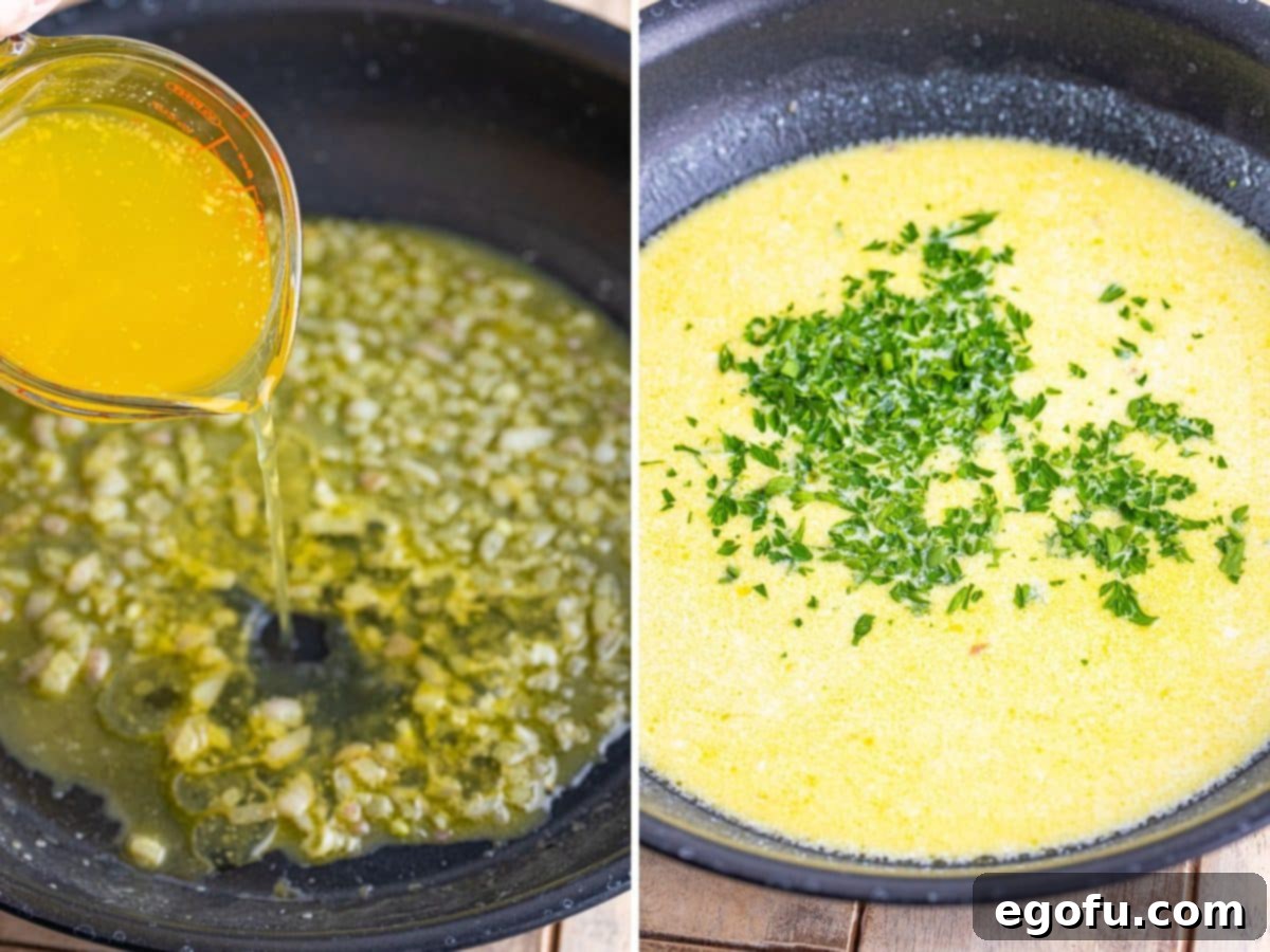 Zesty Piccata Chicken Bites 9 Chicken broth being added to a skillet and a cream sauce with parsley in a skillet.