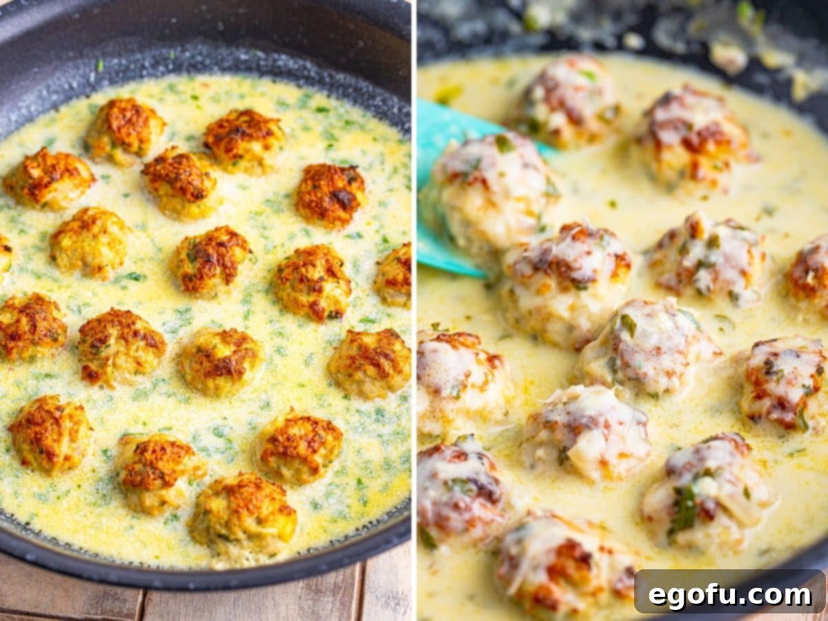 Zesty Piccata Chicken Bites 10 Meatballs in a cream sauce and meatballs simmering in a cream sauce.