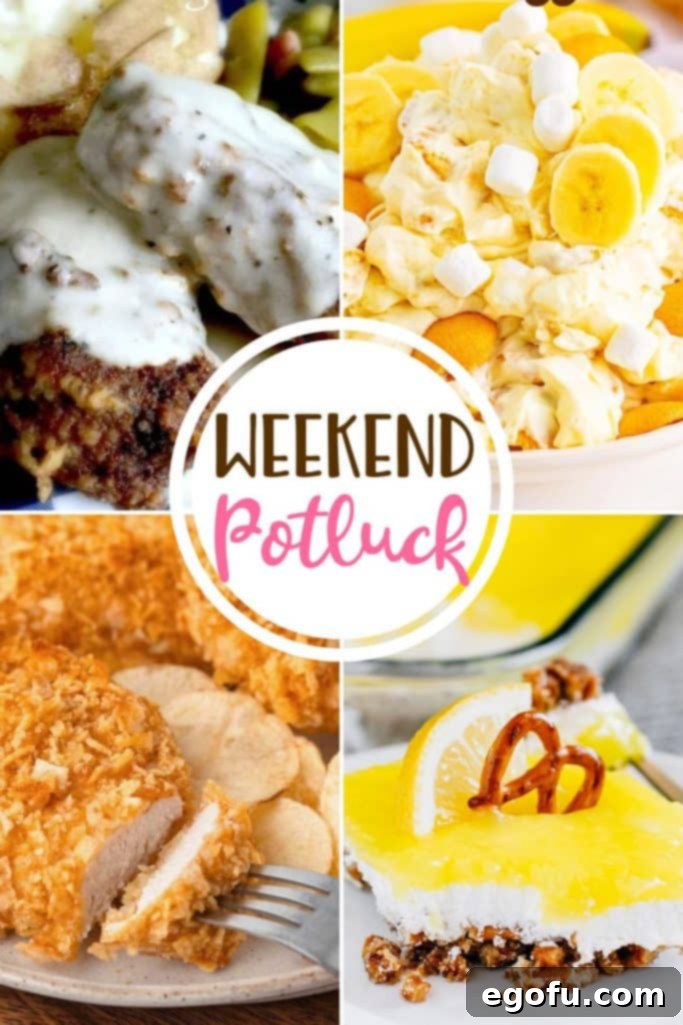 Weekend Potluck featured recipes: Hamburger Steaks with Creamy Gravy, Potato Chip Chicken, Lemon Pretzel Dessert and Banana Pudding Fluff. A vibrant collage of comfort food.