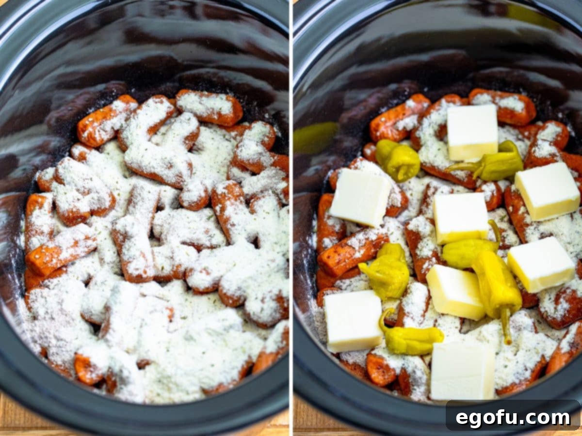 Irresistible Slow Cooker Mississippi Sausages 6 A slow cooker containing Lit'l Smokies, layered with dry ranch mix, au jus gravy, pads of butter, and whole pepperoncini peppers.
