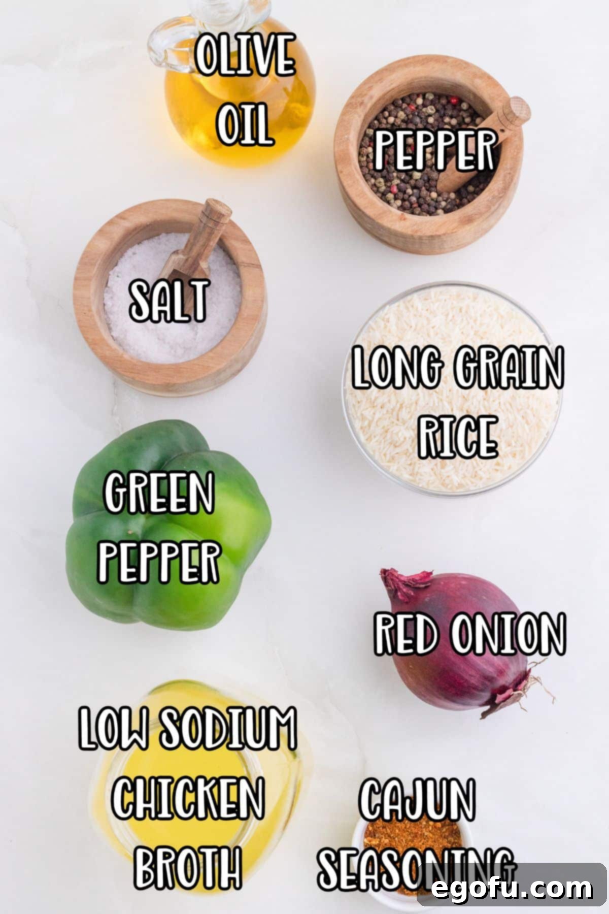 Olive oil, green bell pepper, long grain rice, salt, pepper, low sodium chicken broth, cajun seasoning, and red onion.