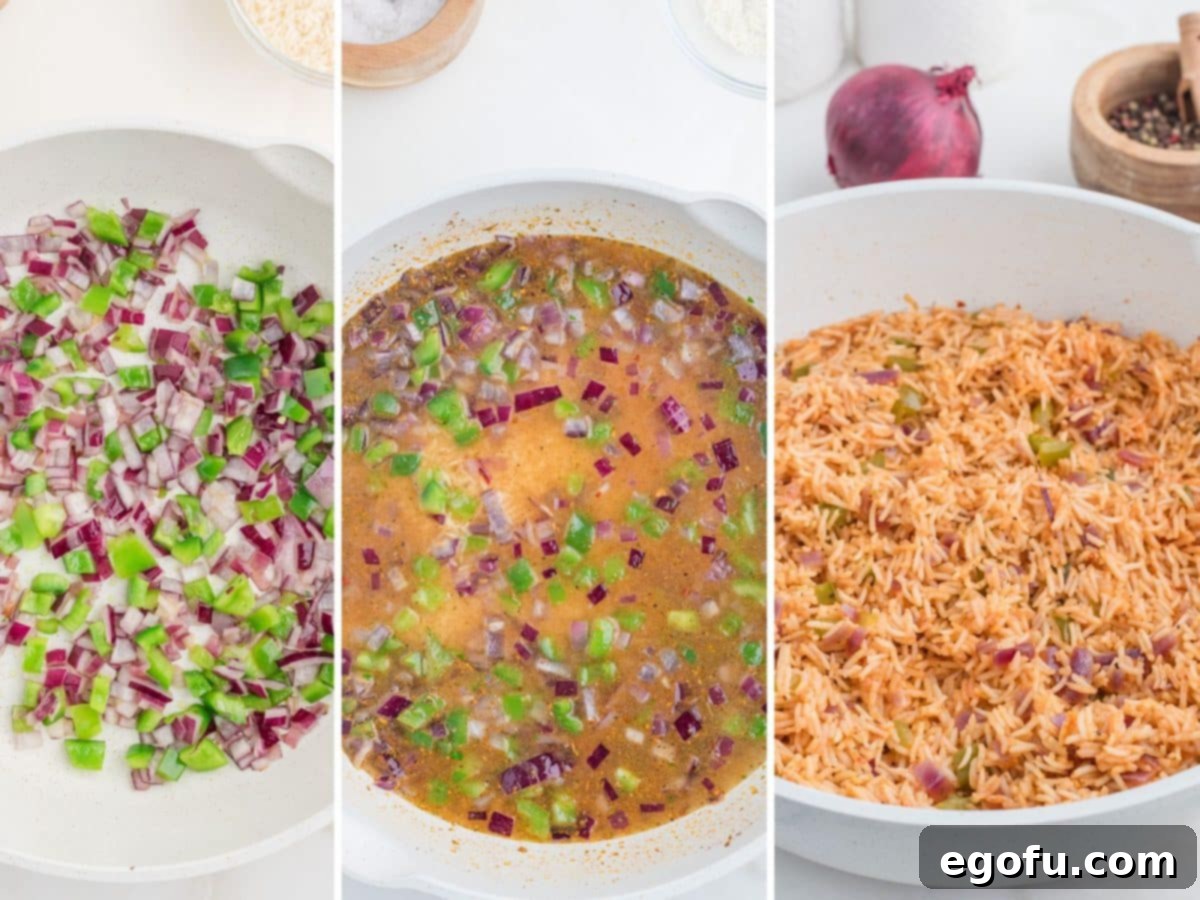A skillet with diced green bell pepper and red onion, another skillet with rice spices, and broth and a big bowl of Cajun Rice. 