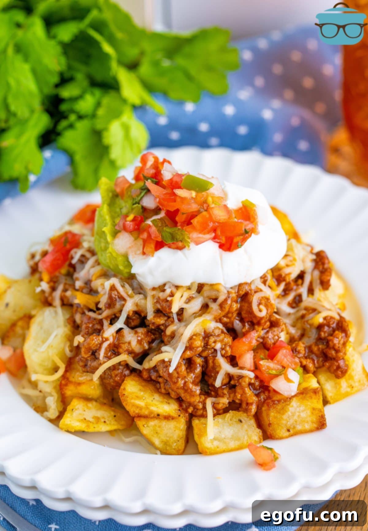 Looking down on a white plate of Taco Potatoes, a vibrant and comforting dish.