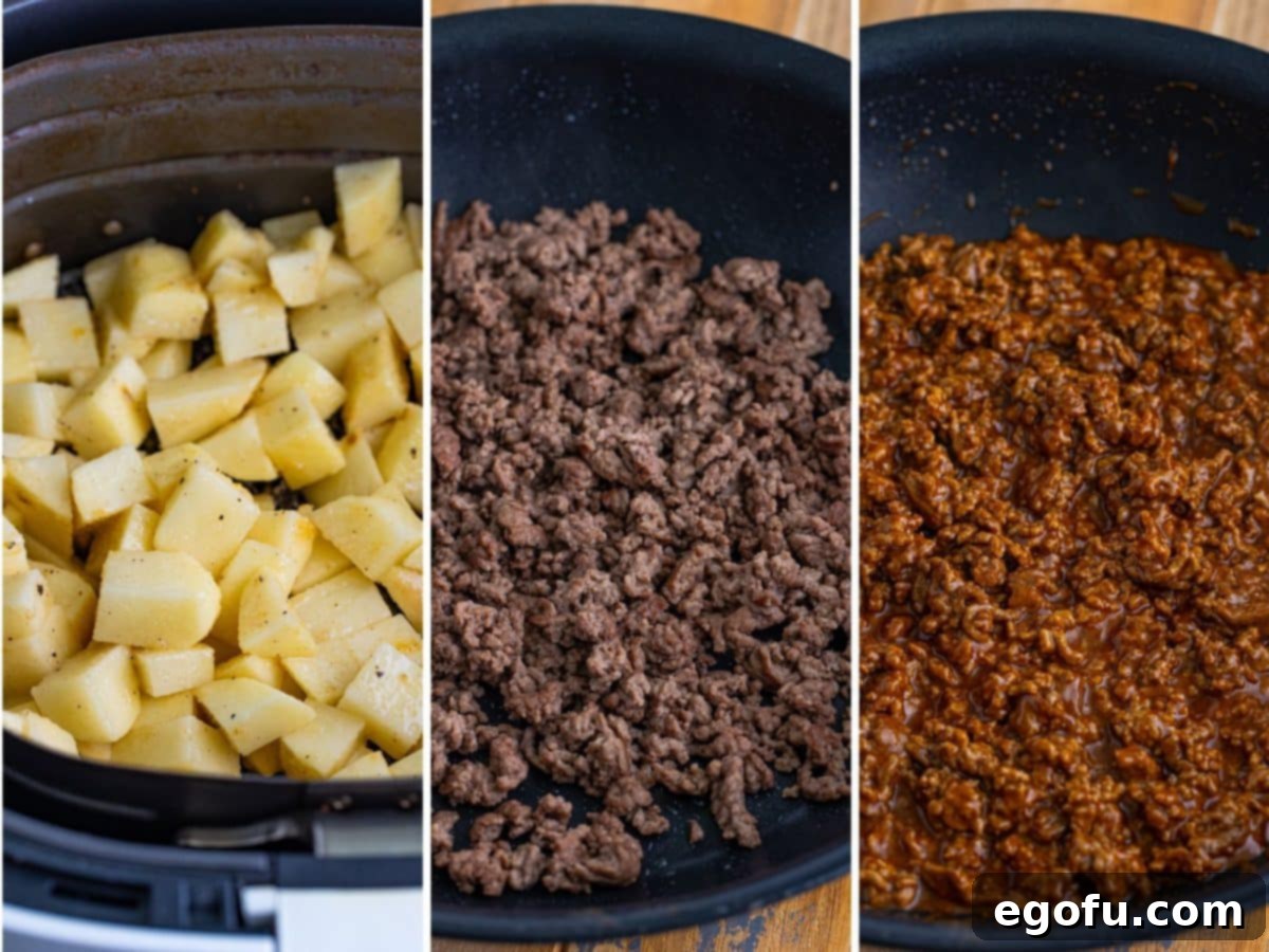 A visual collage showing the cooking process: diced raw potatoes in an air fryer basket, browned ground beef in a skillet, and taco seasoned ground beef simmering in another skillet.