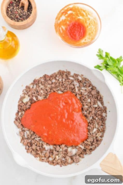 Ground beef, onion, and tomato sauce in a skillet.