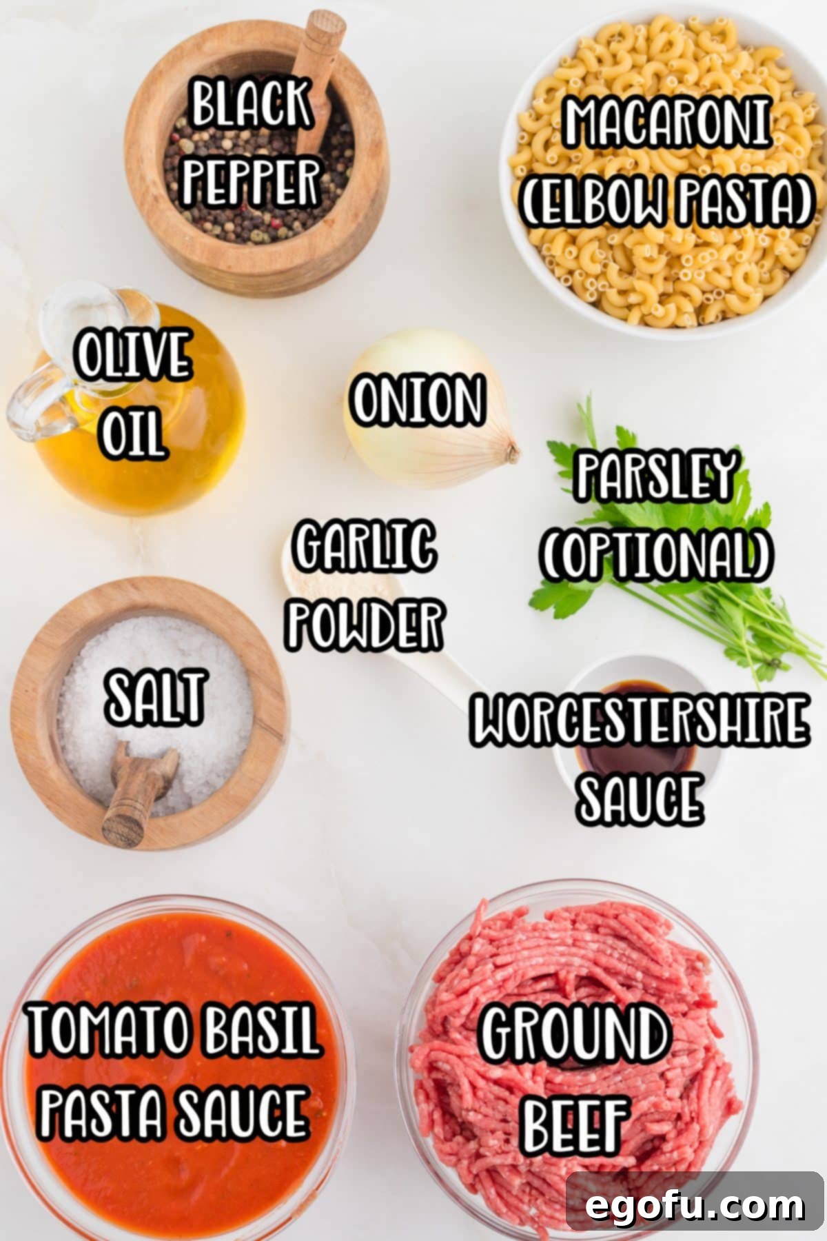 pasta sauce, macaroni noodles, olive oil, salt pepper, ground beef, Worcestershire sauce, garlic powder and onion.