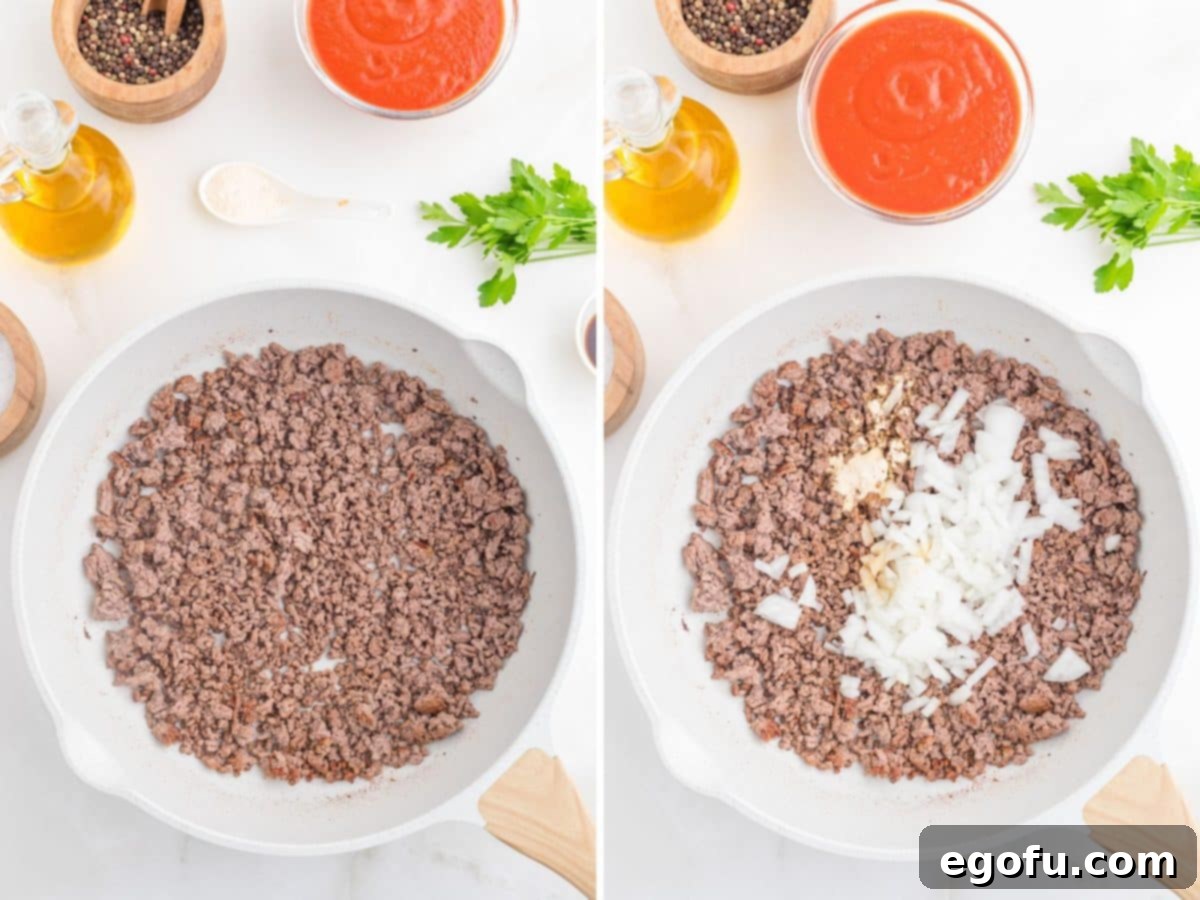 A skillet with cooked ground beef and a skillet with ground beef and onion.