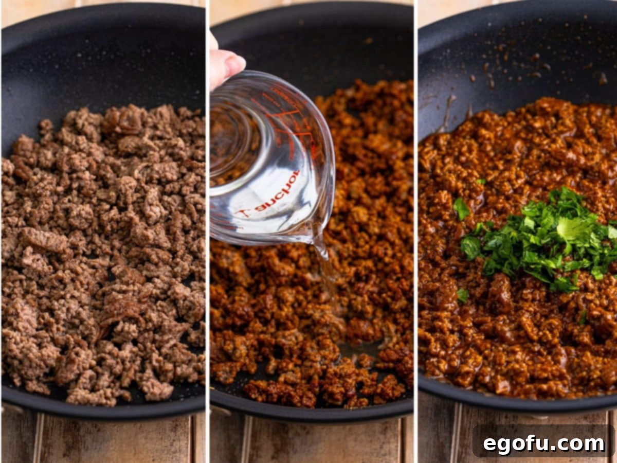 A skillet with cooked ground beef, a hand dumping water on seasoned ground beef, and a skillet with seasoned beef and cilantro.