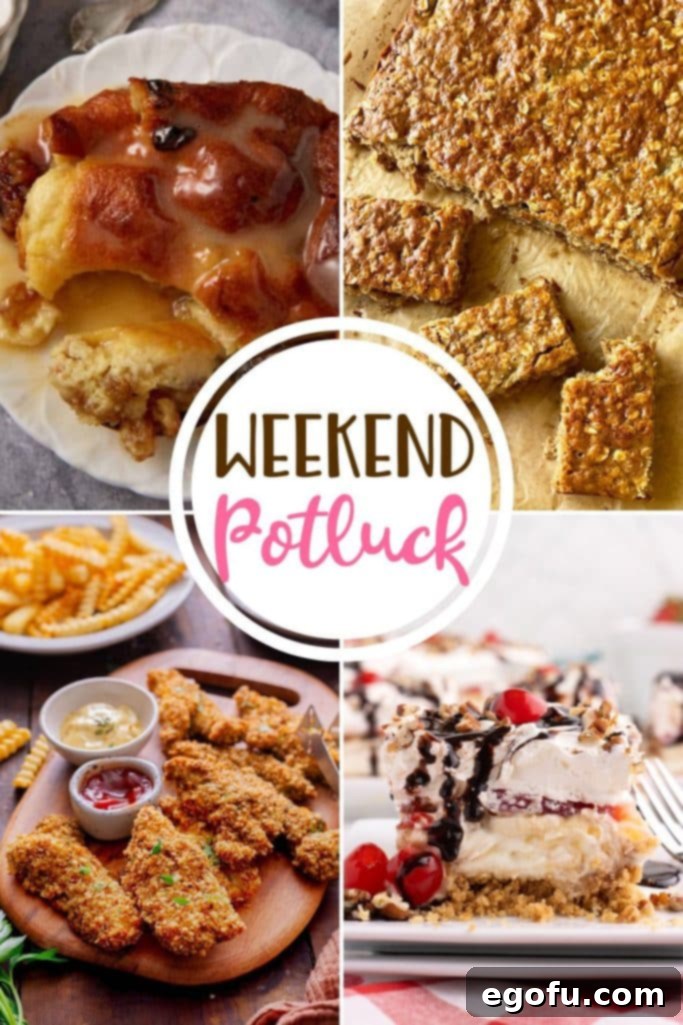 Weekend Potluck featured recipes: Classic Bread Pudding with Vanilla Sauce, Oatmeal Banana Breakfast Bars, Baked Buttermilk Chicken Strips and Banana Split Dessert – a collection of comforting, wholesome, and fun dishes for your family table.