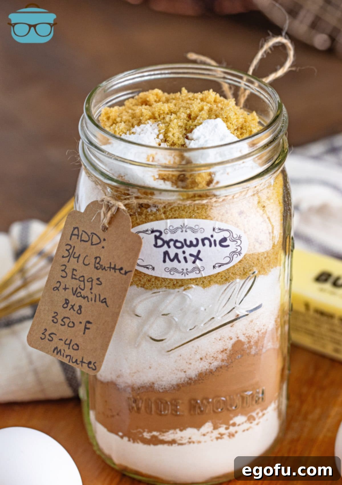 A jar of Homemade Brownie Mix with instructions.