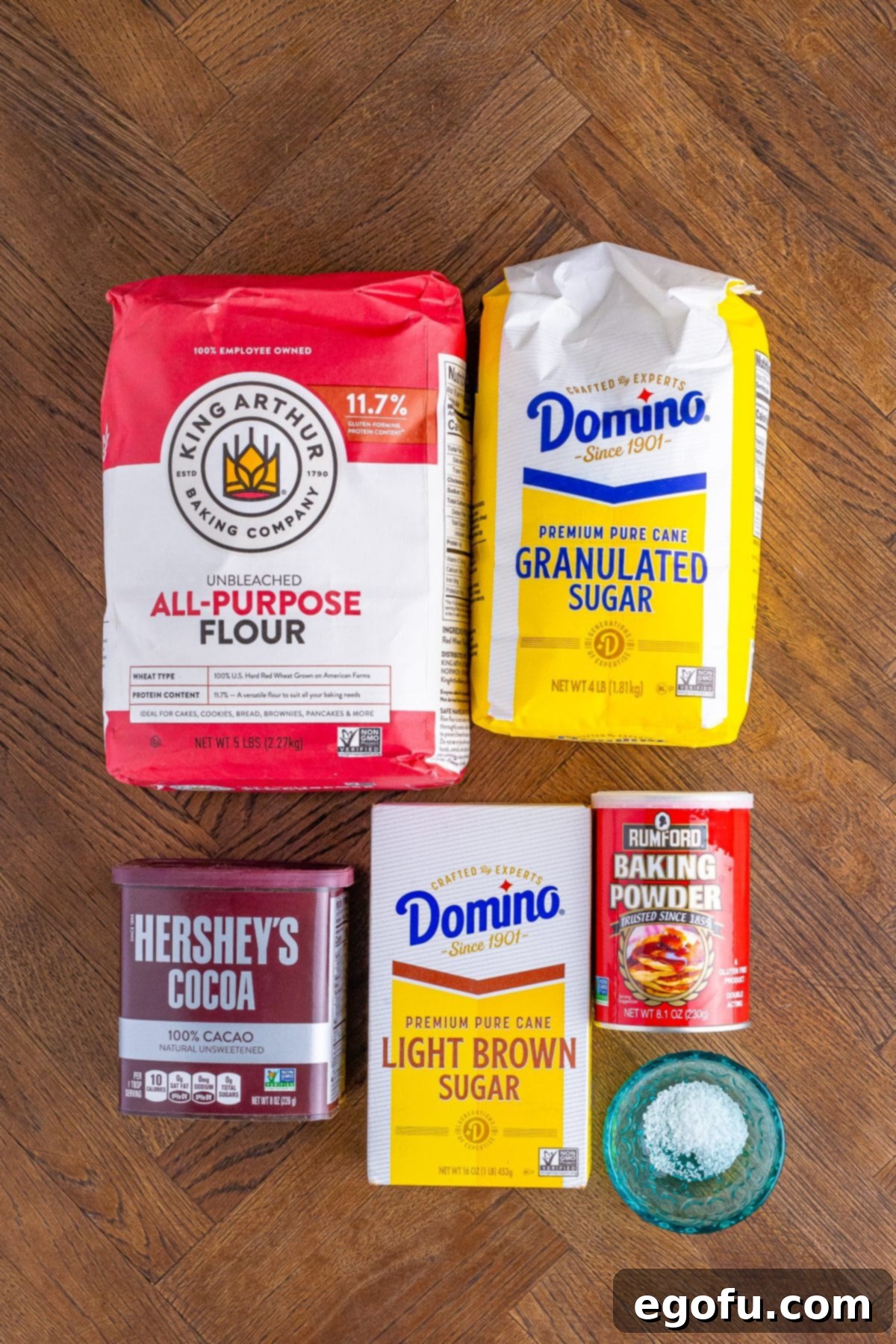 All purpose flour, sugar, brown sugar, unsweetened cocoa powder, baking powder, and salt. 