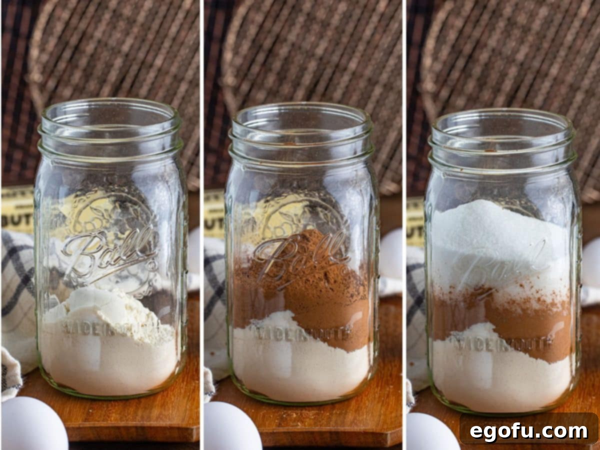 Flour in a jar, flour and cocoa in a jar and flour, cocoa and sugar in a jar.
