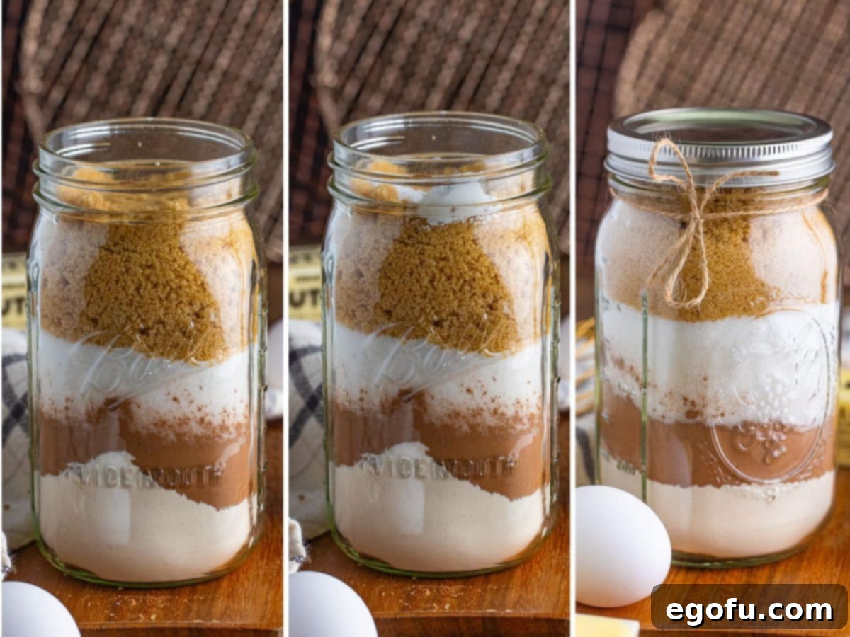 Flour, cocoa, sugar and brown sugar in a jar, flour, cocoa, sugar, baking powder, brown sugar, and salt in a jar, and a jar of Homemade Brownie Mix.