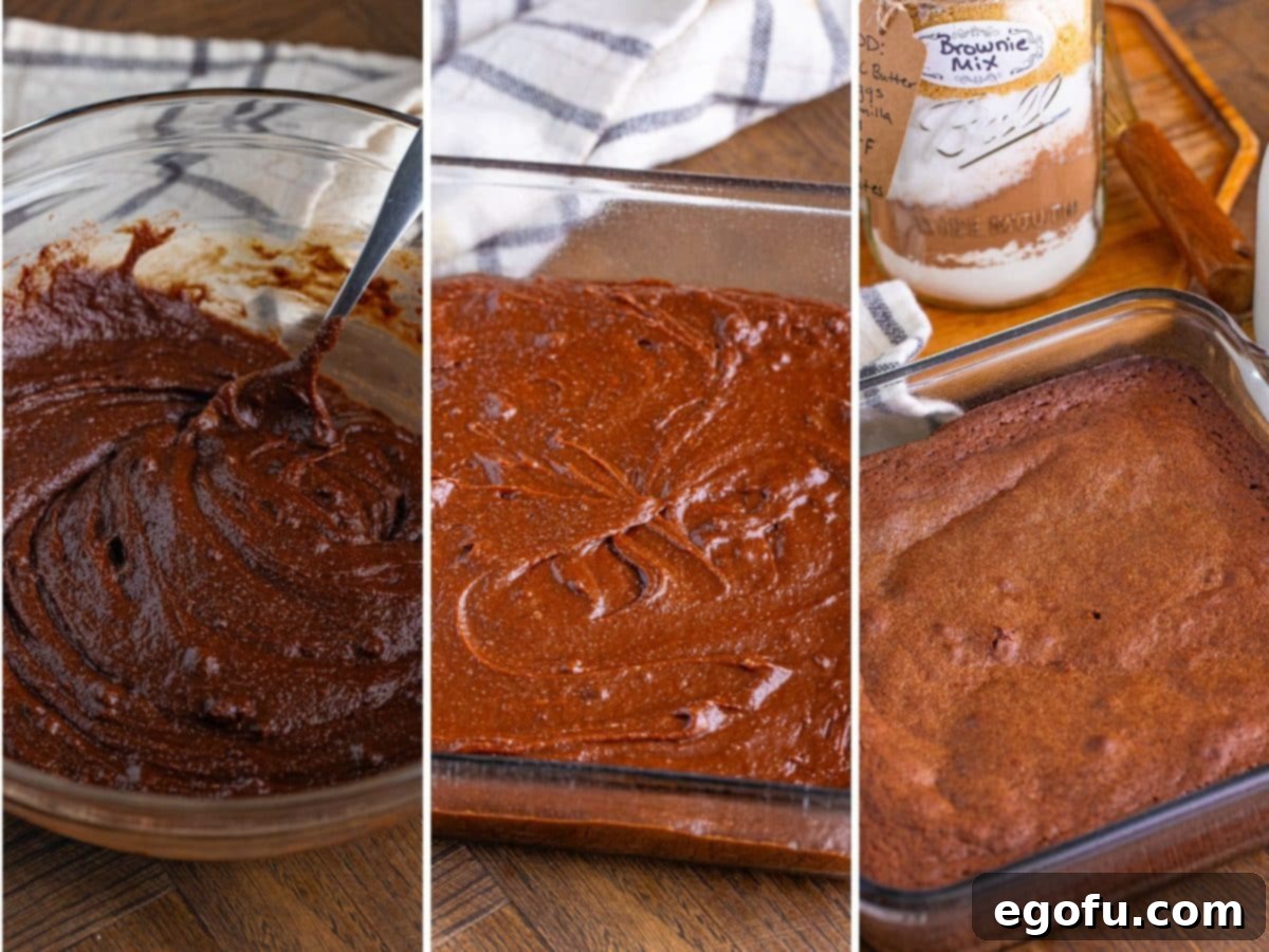 A bowl of brownie batter, brownie batter in a baking dish and fresh banked uncut brownies in a dish.