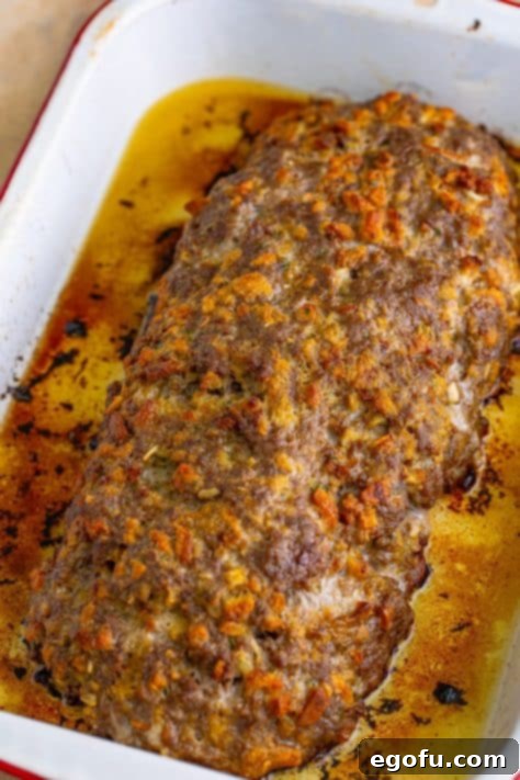 The fully baked Stove Top Stuffing Meatloaf, golden brown and glistening, resting in the baking dish after being removed from the oven.