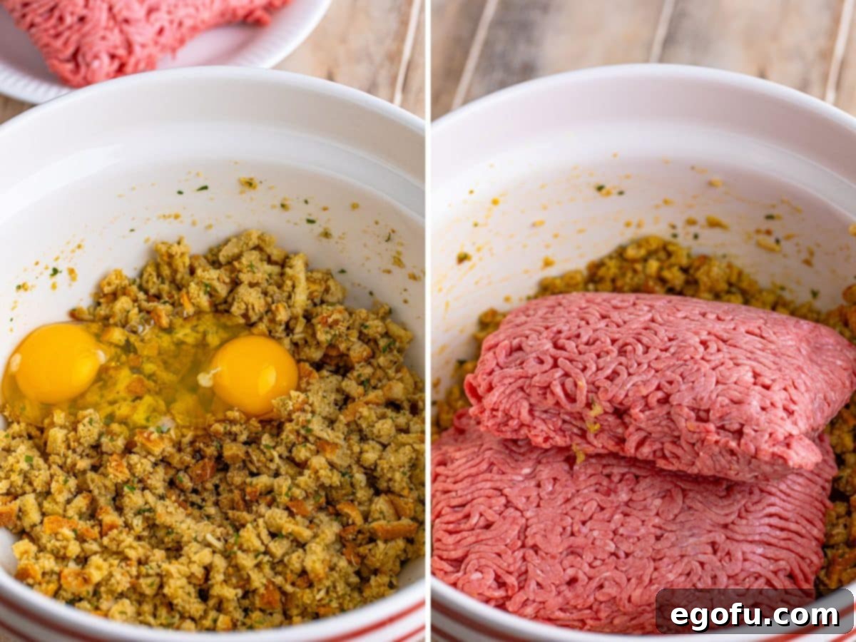 A two-part image showing the preparation of meatloaf: Left side displays Stove Top stuffing mix, beef broth, and eggs being combined in a mixing bowl. Right side shows ground beef being added on top of the prepared stuffing mixture, ready for mixing.