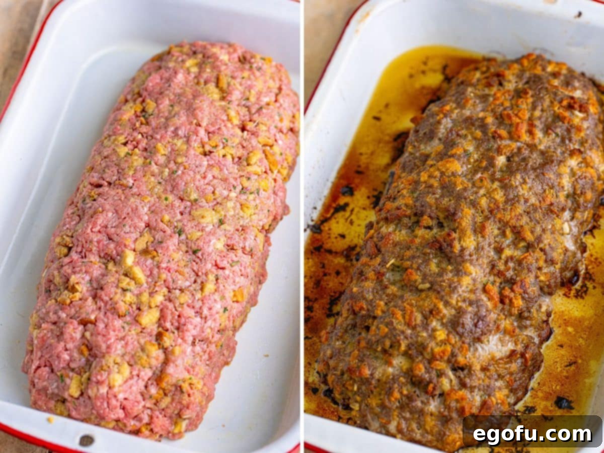 A two-part image depicting the meatloaf's baking process: Left side shows the raw meatloaf mixture shaped into an even oval in a baking dish. Right side displays the perfectly baked, golden-brown Stove Top Stuffing Meatloaf resting in the same baking dish after cooking.