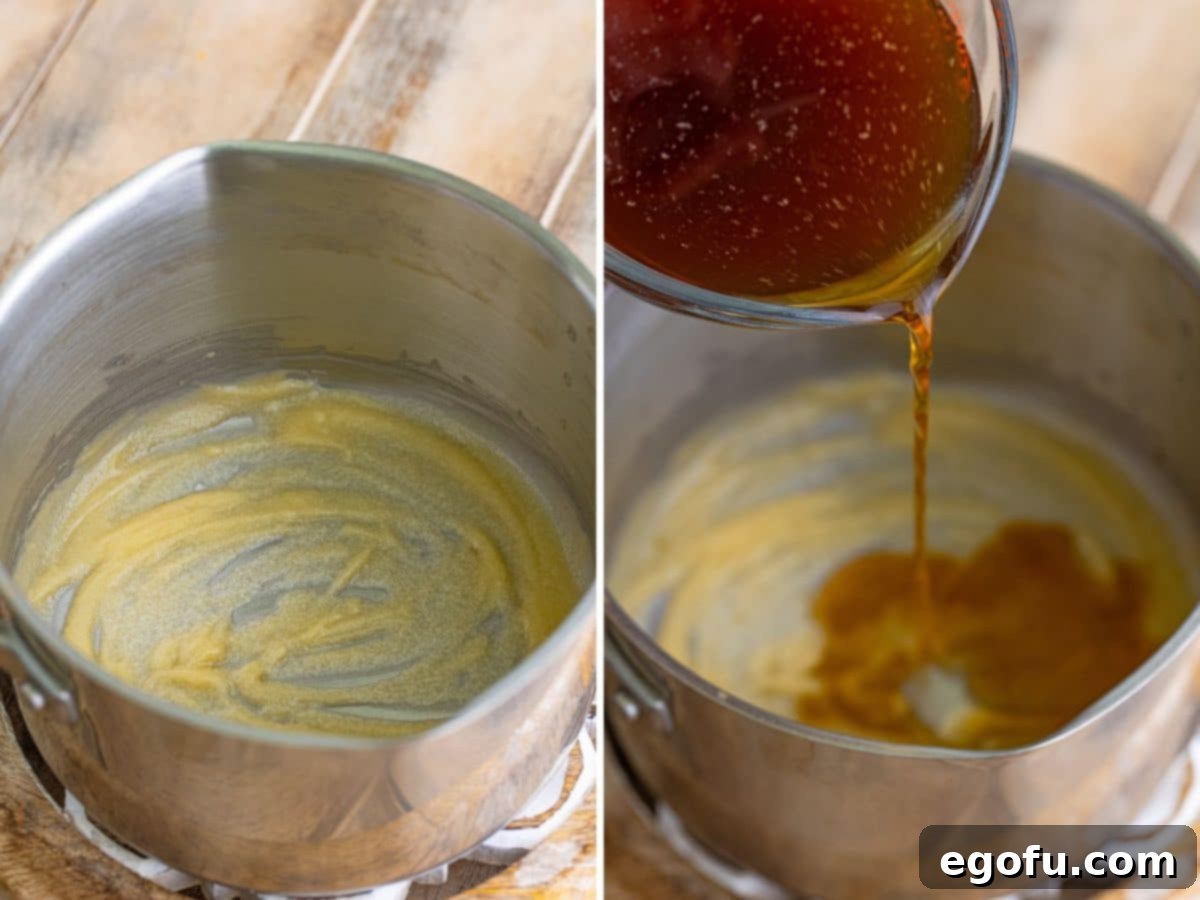 A two-part image illustrating gravy preparation: Left side shows melted butter and flour forming a roux in a saucepan. Right side captures a stream of beef broth being slowly poured into the roux while being whisked, creating a smooth gravy base.