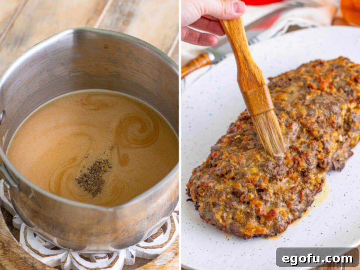 A two-part image detailing the finishing touches of the meatloaf: Left side shows the simmering gravy in a pot with a sprinkle of black pepper. Right side captures a chef brushing the rich, savory gravy generously over the baked Stove Top Stuffing Meatloaf on a serving platter.