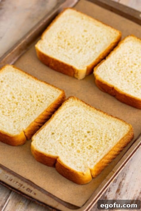 A few pieces of toast on a baking sheet.