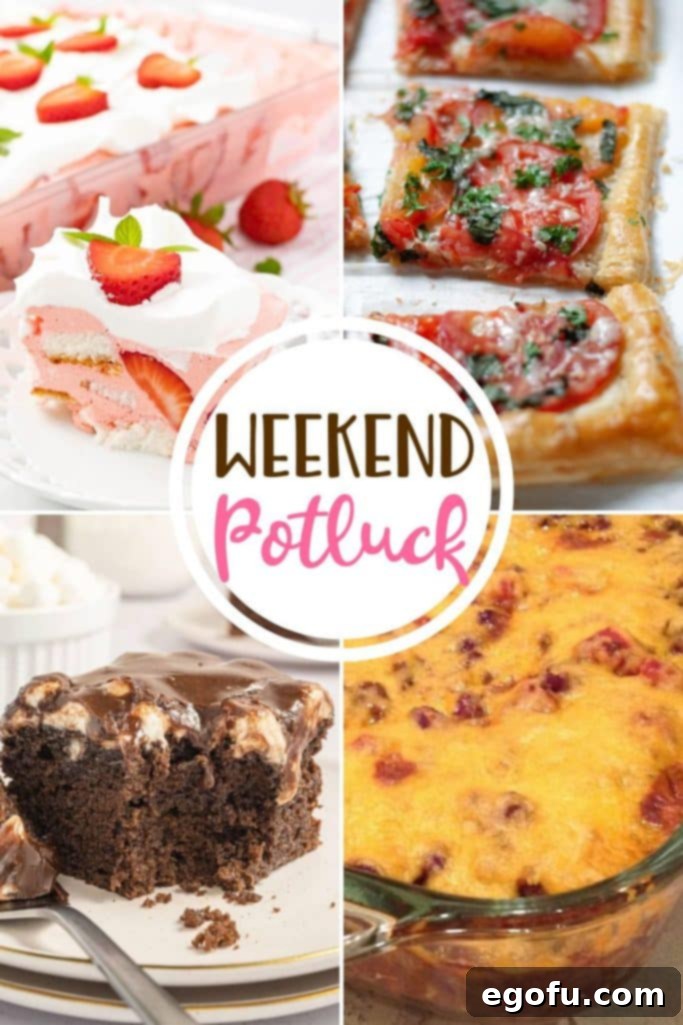 Weekend Potluck featured recipes showcase: a vibrant Strawberry Angel Food Cake Dessert, a savory Tomato Puff Pastry Tart, a rich Homemade Mississippi Mud Cake, and a hearty Bubble Up Chili Bake.