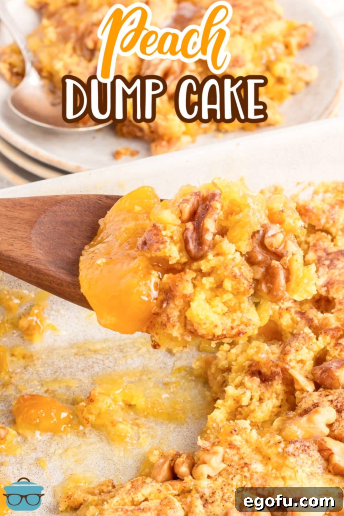 A wooden spoon holding a scoop of a Peach Dump Cake.