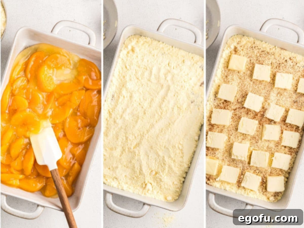 A baking dish with peach pie filling in it and a baking dish with cake mix spread out the filling and a few slabs of butter on top of cake mix. 