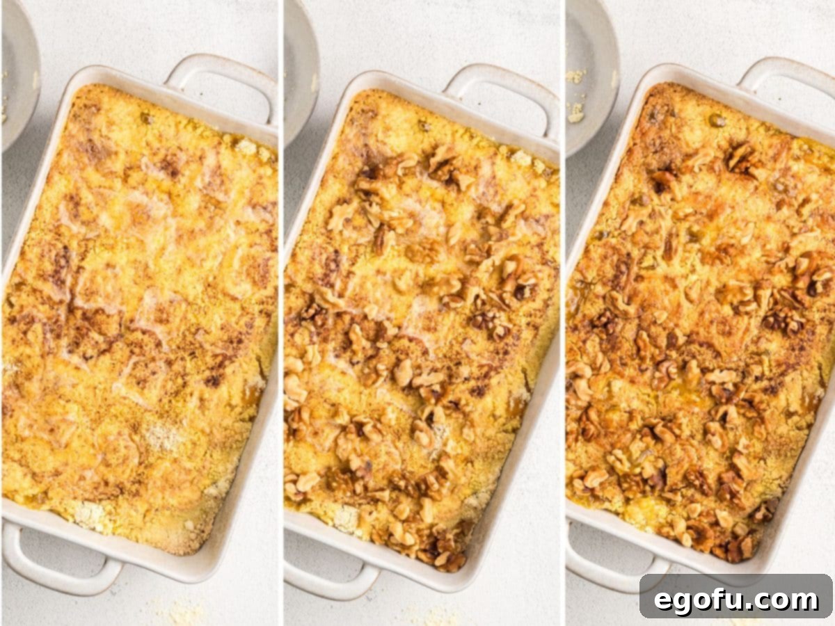 An unbaked cake, a dump cake with nuts and a baked dump cake with nuts in a baking dish.