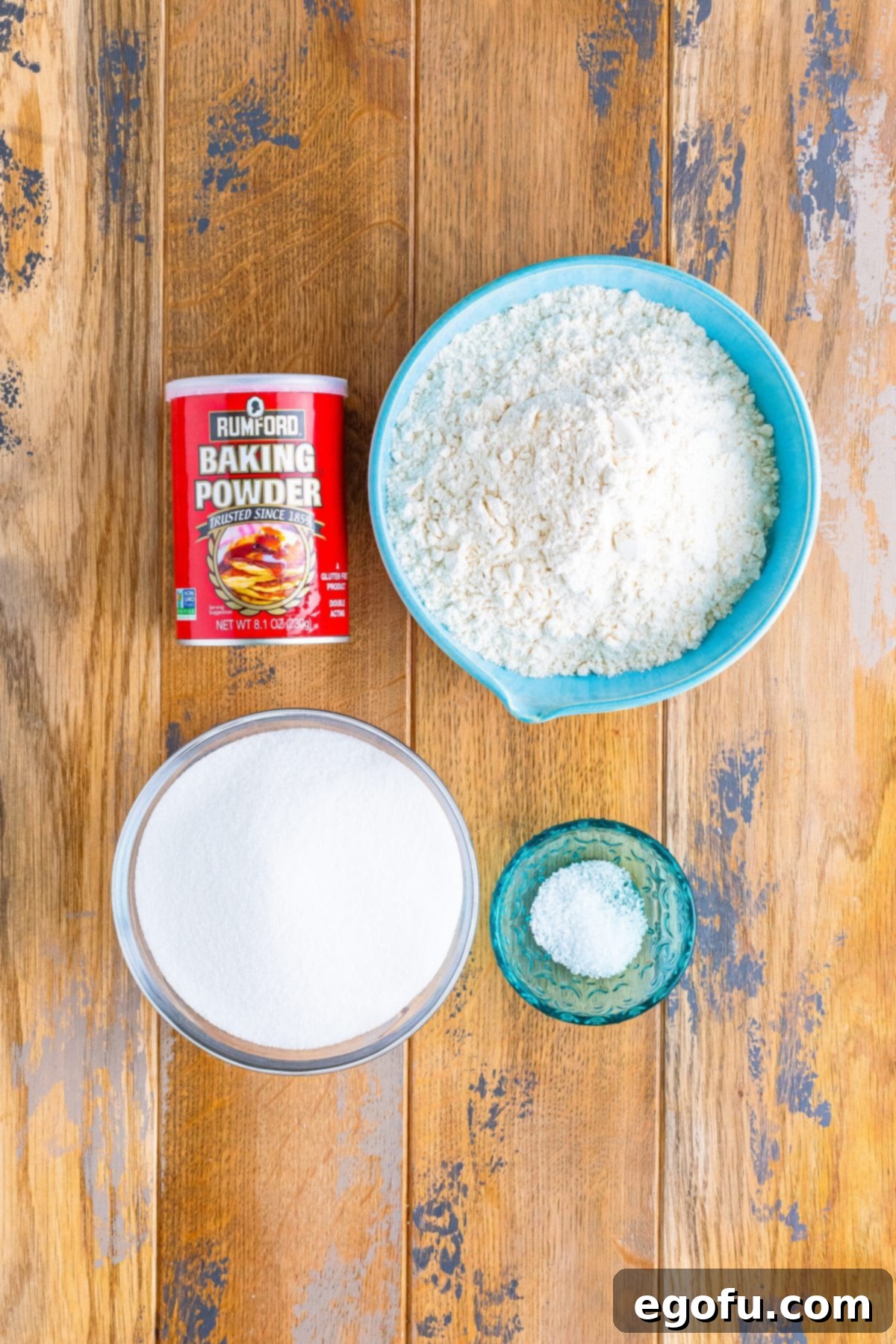 Baking powder, flour, salt, and granulated sugar.