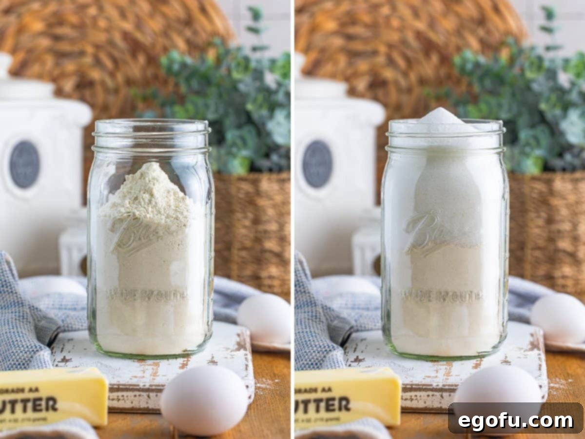 A glass mason jar with flour, a jar with flour and sugar. 