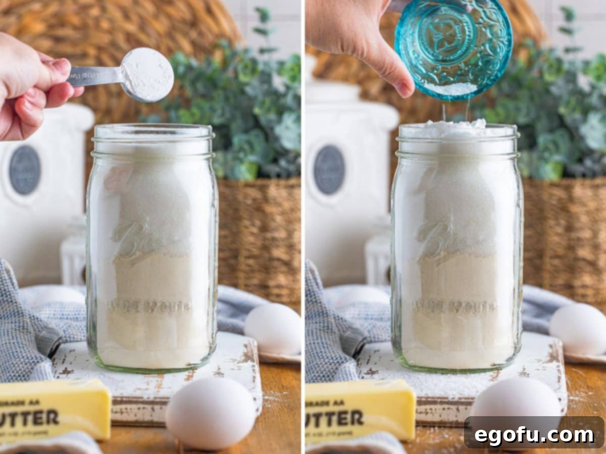 A measuring spoon dropping baking powder in a jar and salt being added to a jar of cake mix ingredients.