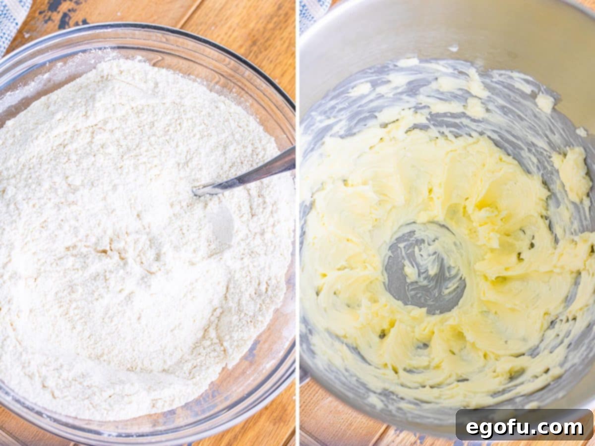 Yellow cake mix in a bowl and a bowl with whipped butter. 