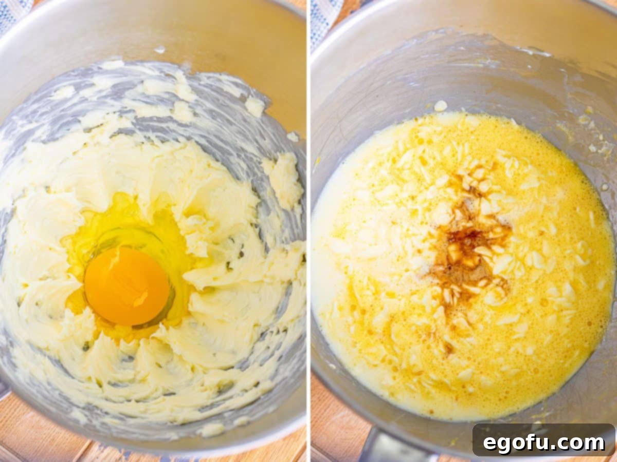 Whipped butter and an egg in a bowl and a bowl of butter, eggs, and vanilla extract. 