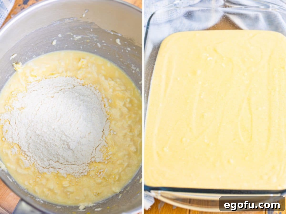 Dry cake mix with wet ingredients for cake batter and a baking dish with yellow cake batter.