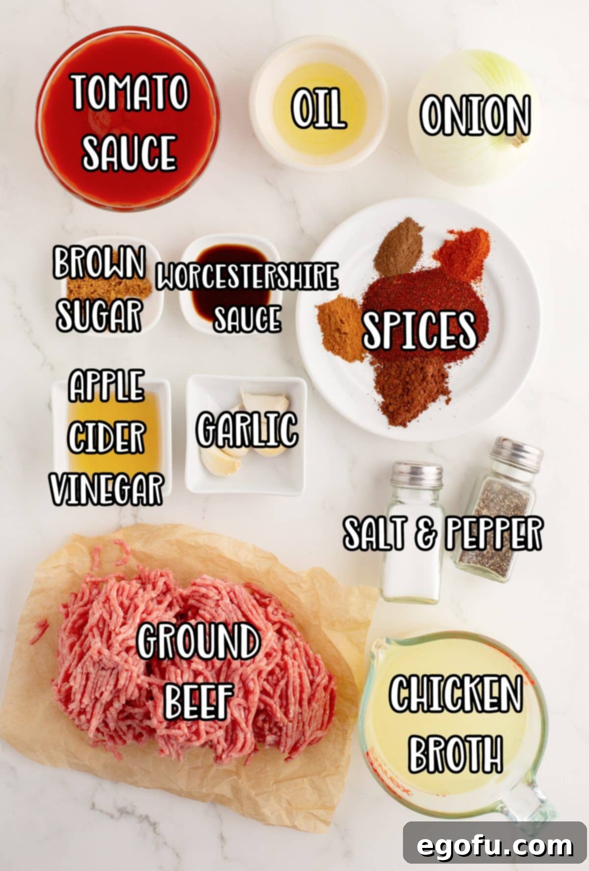 Cincinnati's Signature Chili 4 Ground chuck, tomato sauce, oil, onion, garlic cloves, chili powder, cocoa powder, salt, black pepper, ground cinnamon, allspice, cayenne pepper, chicken broth, apple cider vinegar, brown sugar, and Worcestershire sauce.