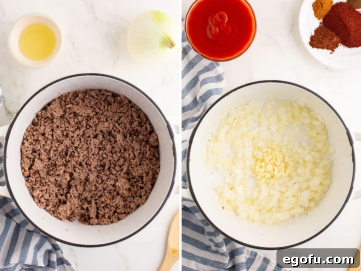 Cincinnati's Signature Chili 5 Cooked ground beef and a pot of onions cooking.
