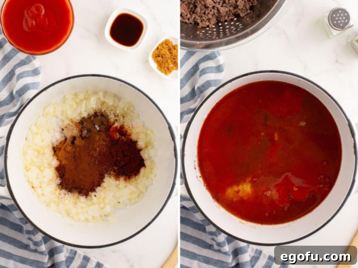 Cincinnati's Signature Chili 6 A pot with diced onions and spices and a pot with onions, spices, tomato sauce, broth, vinegar, sugar, and Worcestershire sauce.