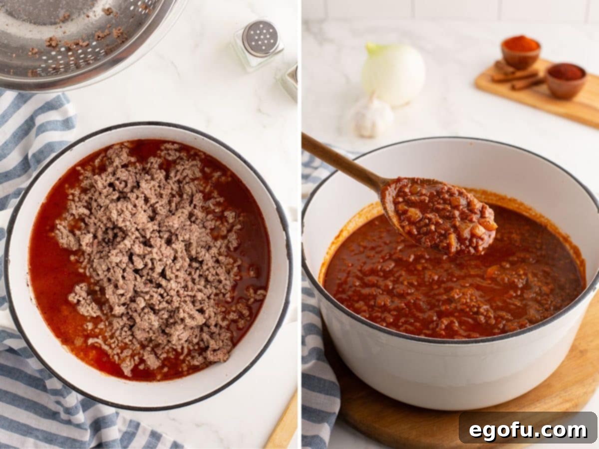 Cincinnati's Signature Chili 7 Ground beef being added back to a pot of chili spices and a pot of chili with a wooden spoon holding some.