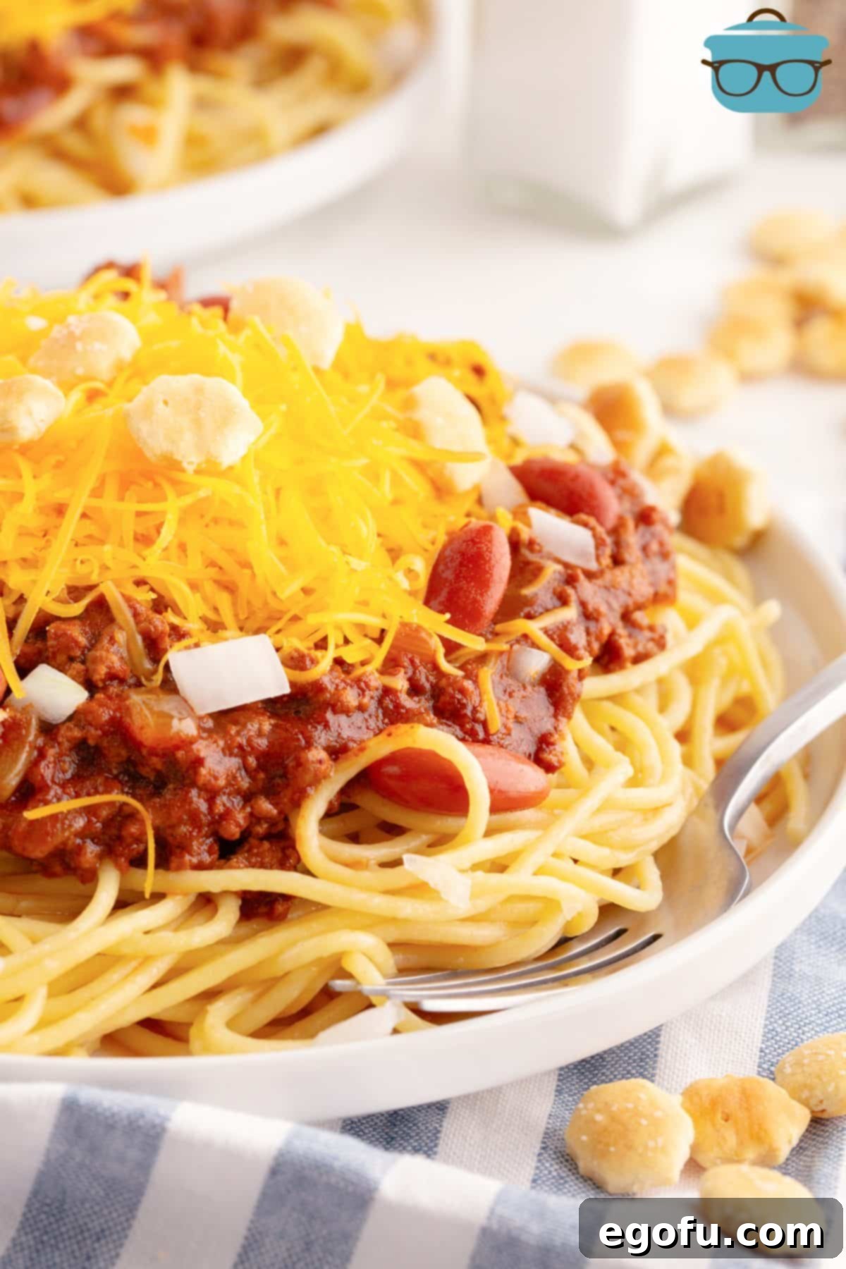 Cincinnati's Signature Chili 8 A bowl of Cincinnati Chili on spaghetti with oyster crackers, beans, and cheese.