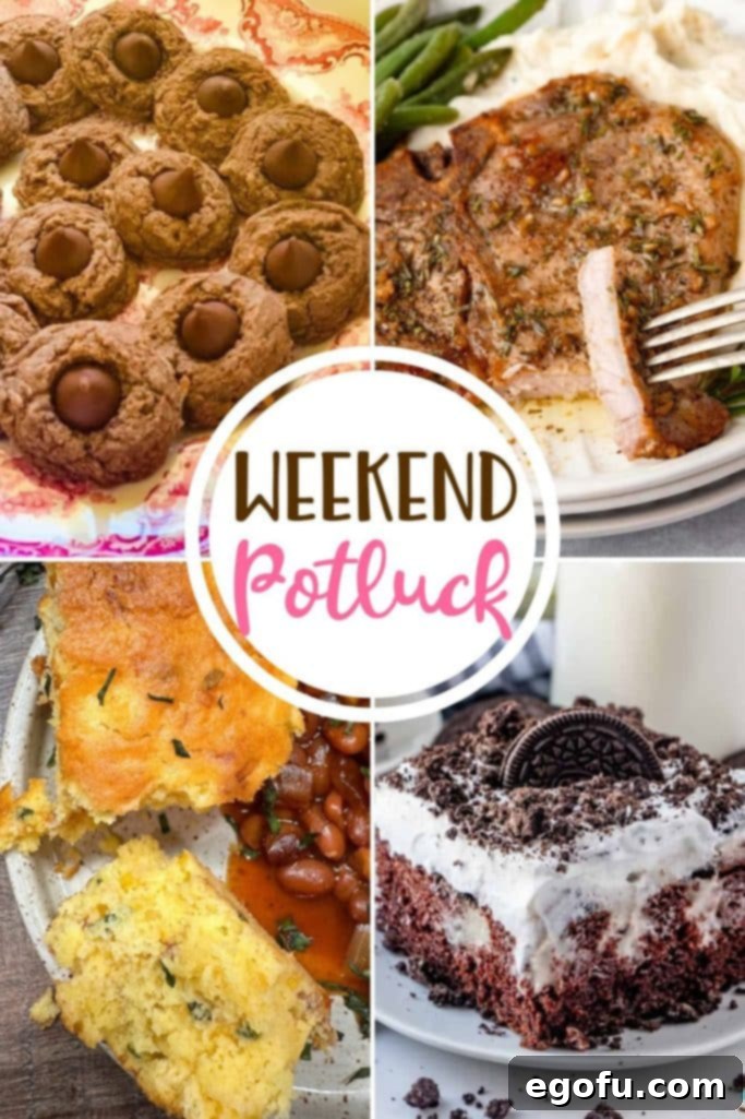 Weekend Potluck featured recipes include: German Chocolate Blossom Cookies, Loaded Jiffy Cornbread, Oven Baked Bone-In Pork Chops, and Oreo Poke Cake. A collage of delicious home-cooked meals for any occasion.