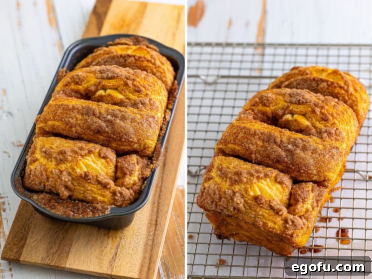 A freshly baked Dollywood Cinnamon Bread loaf resting on a wire rack, golden brown and fragrant.