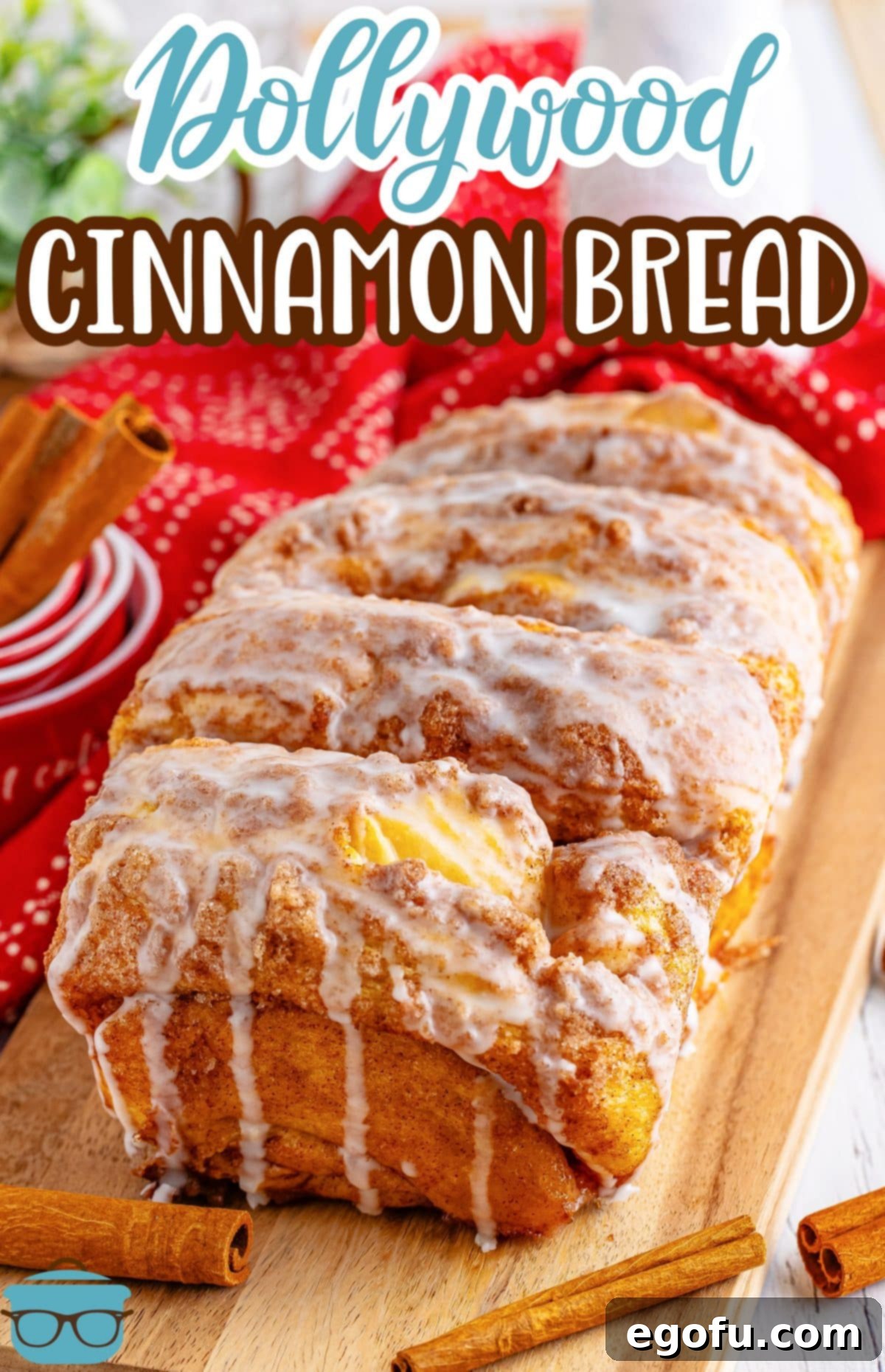 A perfectly baked loaf of Dollywood Cinnamon Bread, sliced and ready to serve.
