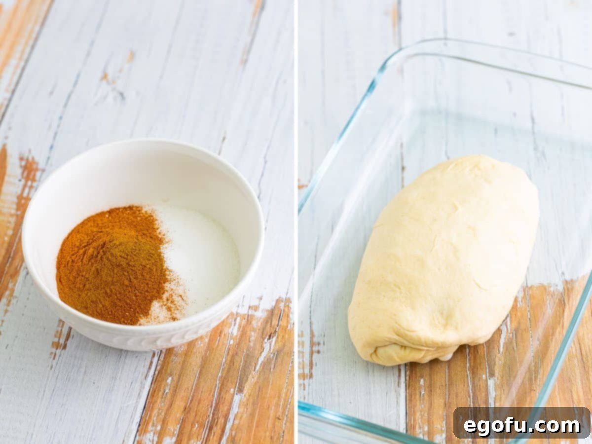 A bowl with cinnamon and sugar next to a thawed bread loaf in a baking dish, ready for preparation.